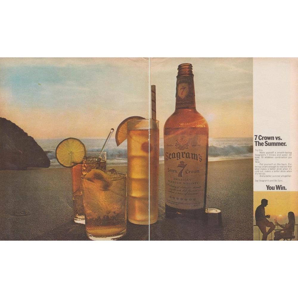 1969 Seagram's 7  Vintage Print Ad Crown Whiskey Summer Beach Sunset Cocktail